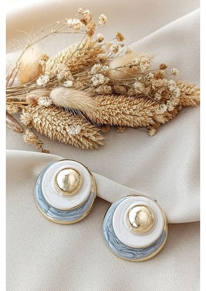 Sıralı Daire Yuvarlak Gri Krem Pastel Renk Dolgu Gold Büyük Küpe