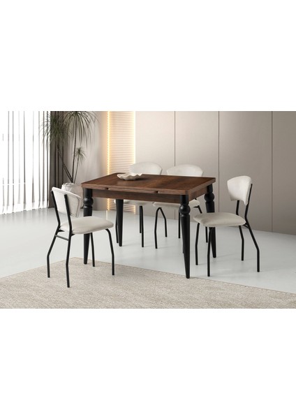 Ahşap Salon Yemek Masa Sandalye Takımı 4 Çilek Sandalyeli Yandan Açılır Büyüyen Ceviz 80 x 120 cm