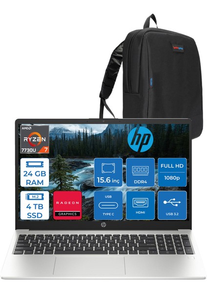 255 G10 Amd Ryzen 7 7730U 24GB 4tb SSD Amd Radeon Grafik Freedos 15.6" Taşınabilir Bilgisayar 9G1F9ETF15 + Zetta Çanta