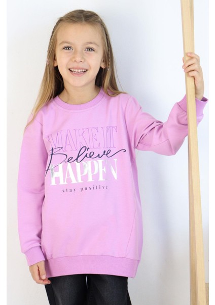 Kız Çocuk Sweatshirt Yaldızlı Yazı Baskılı 6-12 Yaş, Lila