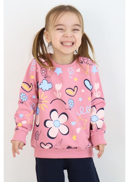 Kız Çocuk Sweatshirt Bahar Temalı Çicek Desenli 2-6 Yaş, Gülkurusu