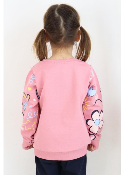 Kız Çocuk Sweatshirt Bahar Temalı Çicek Desenli 2-6 Yaş, Gülkurusu