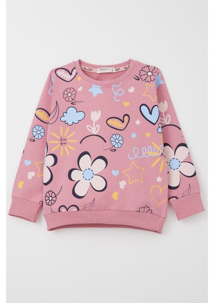 Kız Çocuk Sweatshirt Bahar Temalı Çicek Desenli 2-6 Yaş, Gülkurusu