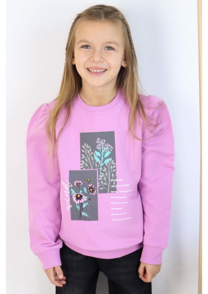 Kız Çocuk Sweatshirt Çiçek & Yazı Baskılı 6-12 Yaş, Eflatun
