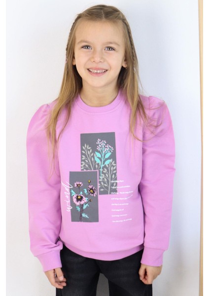Kız Çocuk Sweatshirt Çiçek & Yazı Baskılı 6-12 Yaş, Eflatun