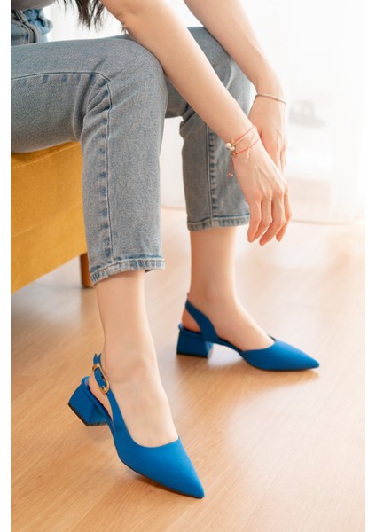 Aura Saks Mat Saten Yanı Tokalı (4 cm Topuk Boyu ) Sivri Burun Topuklu Babet Ayakkabı