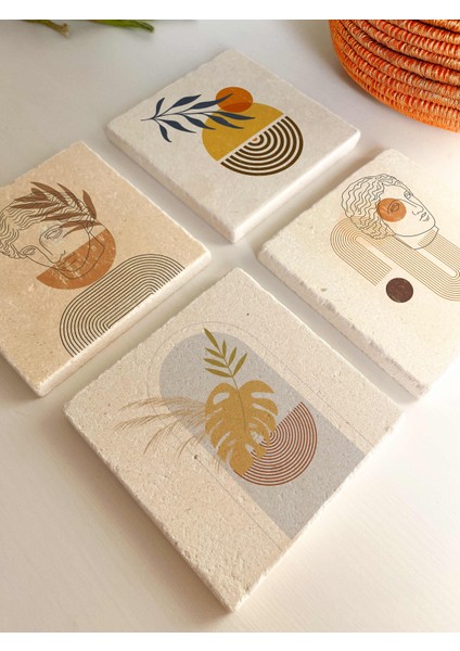 Minimalist Çizgiler Soyut Figür Desenli Doğal Taş Bardak Altlığı 4’lü Set