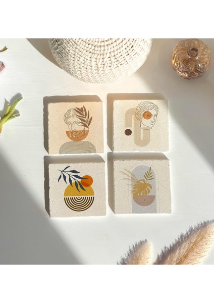 Minimalist Çizgiler Soyut Figür Desenli Doğal Taş Bardak Altlığı 4’lü Set fiyatları
