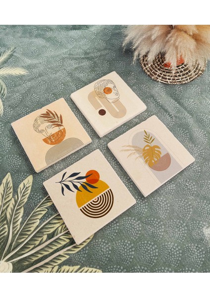 Minimalist Çizgiler Soyut Figür Desenli Doğal Taş Bardak Altlığı 4’lü Set modelleri