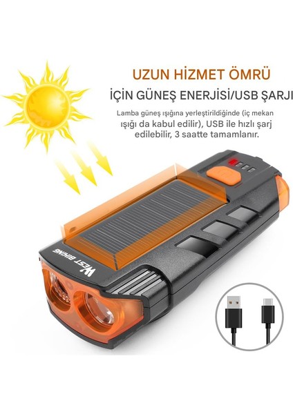 Güneş Enerjili, 2000MAH Bisiklet Lambası, USB Şarj Edilebilir LED Lamba, 120DB Bisiklet Kornası