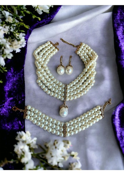 Kristal Taşlı Mayorka Inci Kolye Küpe ve Bileklik Seti