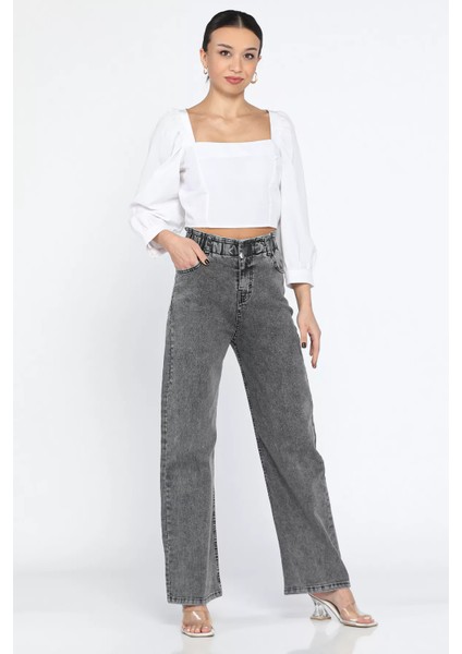 Çift Düğme Detaylı Bol Paça Likralı Kadın Jean Kot Pantolon P-00011002