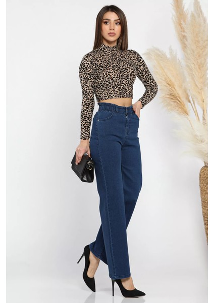 Çift Düğme Detaylı Bol Paça Likralı Kadın Jean Kot Pantolon P-00011002