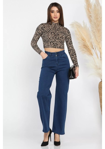 Çift Düğme Detaylı Bol Paça Likralı Kadın Jean Kot Pantolon P-00011002