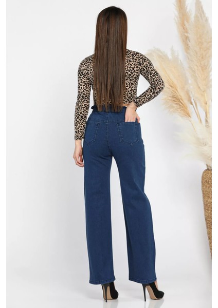 Çift Düğme Detaylı Bol Paça Likralı Kadın Jean Kot Pantolon P-00011002