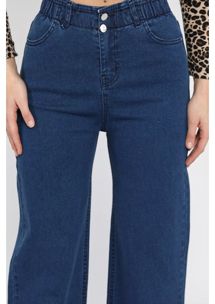 Çift Düğme Detaylı Bol Paça Likralı Kadın Jean Kot Pantolon P-00011002