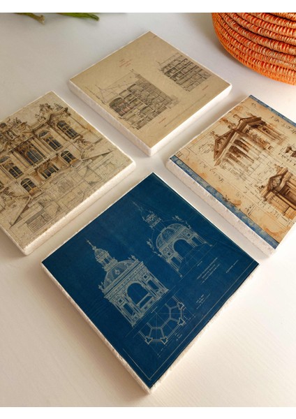 Mimari Çizim Desenli Doğal Taş Bardak Altlığı 4’lü Set Ev Dekor Hediyelik