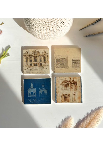 Mimari Çizim Desenli Doğal Taş Bardak Altlığı 4’lü Set Ev Dekor Hediyelik modelleri
