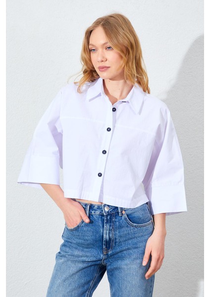 Kadın Beyaz Düşük Kol Çımalı Crop Poplin Gömlek fiyatları