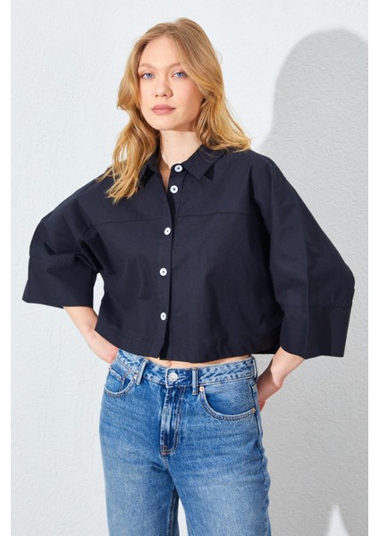 Kadın Siyah Düşük Kol Çımalı Crop Poplin Gömlek