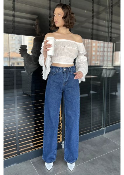 Kadın Bol Paça Yüksek Bel Jean Kot Pantolon P-00009070
