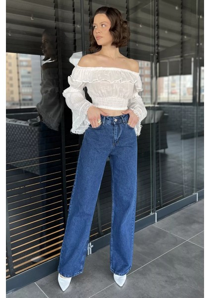 Kadın Bol Paça Yüksek Bel Jean Kot Pantolon P-00009070