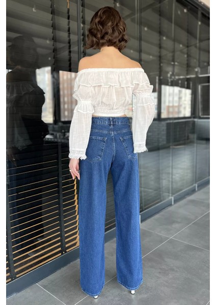 Kadın Bol Paça Yüksek Bel Jean Kot Pantolon P-00009070