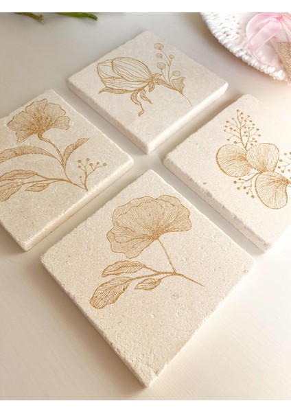 Altın Gold Çizgili Zarif Çiçek Desenli Doğal Taş Bardak Altlığı 4’lü Set