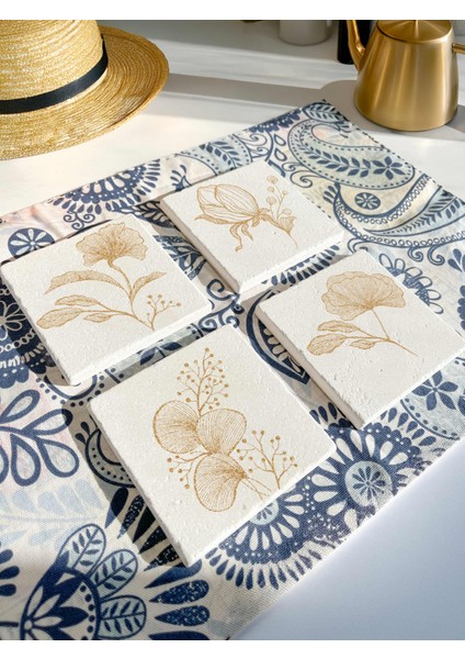 Altın Gold Çizgili Zarif Çiçek Desenli Doğal Taş Bardak Altlığı 4’lü Set fiyatları