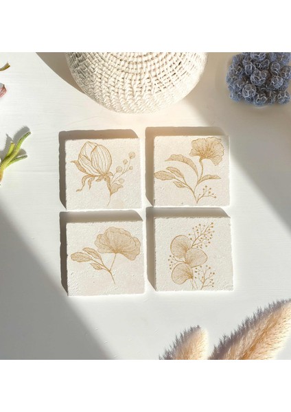 Altın Gold Çizgili Zarif Çiçek Desenli Doğal Taş Bardak Altlığı 4’lü Set modelleri