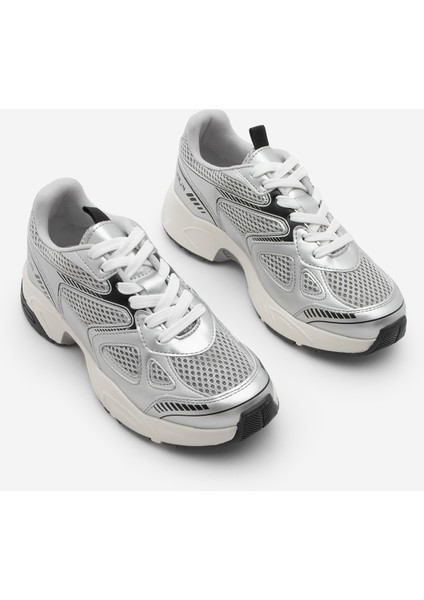 Kadın Sneaker Kalın Taban Bağcıklı File Detaylı Spor Ayakkabı Sargen Gümüş indirimleri