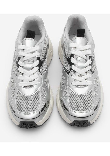 Kadın Sneaker Kalın Taban Bağcıklı File Detaylı Spor Ayakkabı Sargen Gümüş