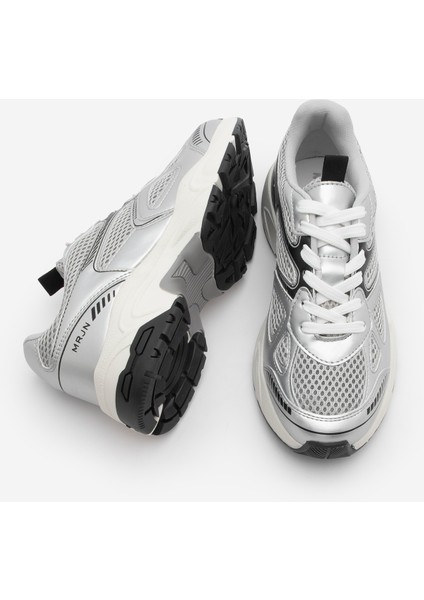 Kadın Sneaker Kalın Taban Bağcıklı File Detaylı Spor Ayakkabı Sargen Gümüş
