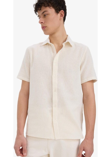 %100 Pamuk Regular Fit Polo Yaka Keten Görünümlü Yazlık Kısa Kollu Gömlek D7531AX25SP
