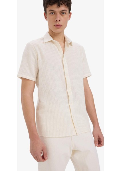 %100 Pamuk Regular Fit Polo Yaka Keten Görünümlü Yazlık Kısa Kollu Gömlek D7531AX25SP