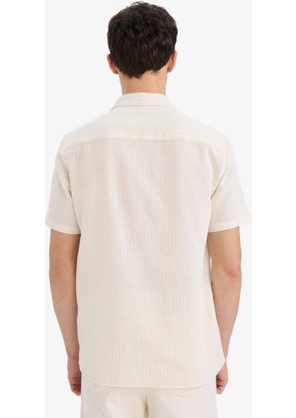 %100 Pamuk Regular Fit Polo Yaka Keten Görünümlü Yazlık Kısa Kollu Gömlek D7531AX25SP