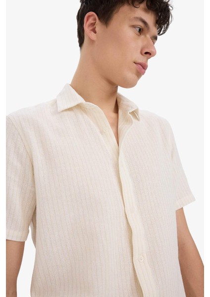%100 Pamuk Regular Fit Polo Yaka Keten Görünümlü Yazlık Kısa Kollu Gömlek D7531AX25SP