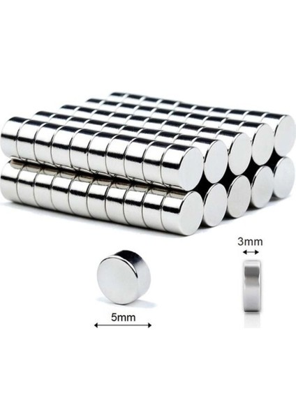 100 Adet 5x3 mm Yuvarlak Güçlü Neodyum Mıknatıs Çap: 5 mm x Kalınlık: 3 mm