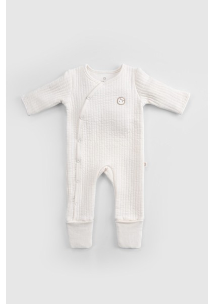 Kendinden Patikli ve Eldivenli Kapitone ekru Bebek tulumu