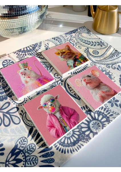 Pembe Fonlu Eğlenceli Hayvan Illüstrasyonlu Doğal Taş Bardak Altlığı 4’lü Set Cool fiyatları