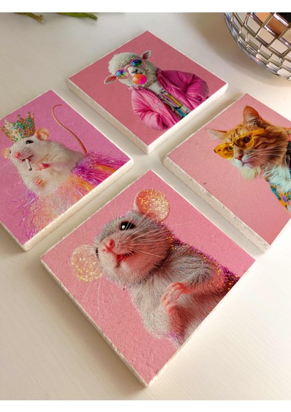 Pembe Fonlu Eğlenceli Hayvan Illüstrasyonlu Doğal Taş Bardak Altlığı 4’lü Set Cool modelleri