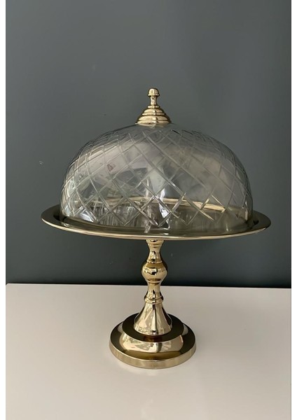 Oval Ayaklı Cam Kapaklı Kek Standı Gold 30,5X24,5X38 cm