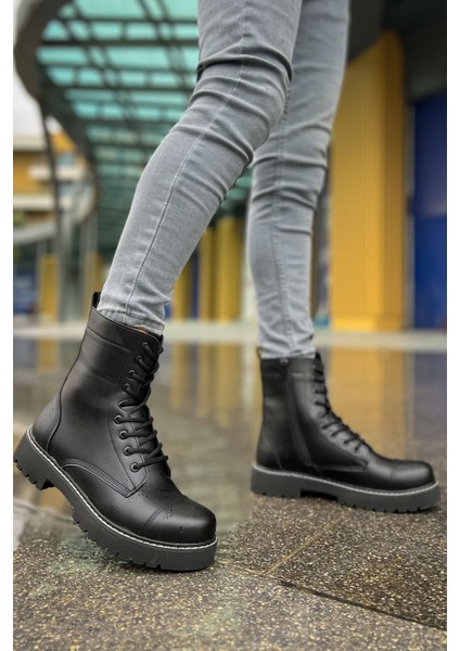 Fermuarlı Bağcık Detaylı Erkek Worker Bot Siyah