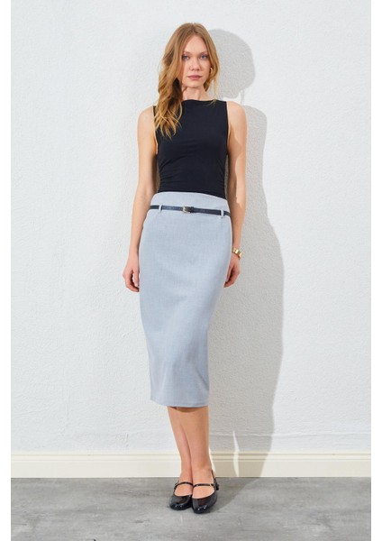 Kadın Gri Ince Kemerli Poliviskon Midi Boy Etek