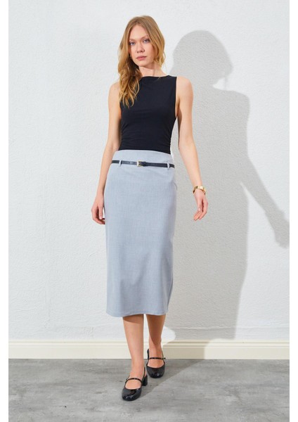 Kadın Gri Ince Kemerli Poliviskon Midi Boy Etek fiyatları