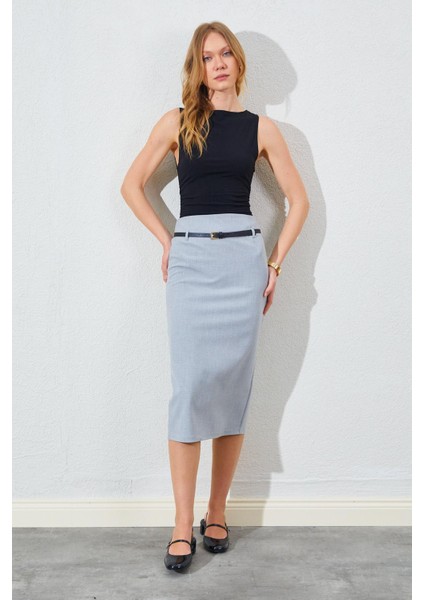 Kadın Gri Ince Kemerli Poliviskon Midi Boy Etek indirimleri
