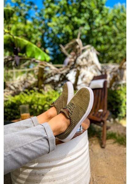 Bağcıklı Kadife Kumaş Erkek Günlük Ayakkabı Haki