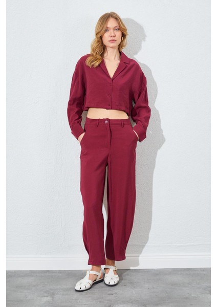 Kadın Bordo Paça Düğmeli Modal Kumaş Pantolon