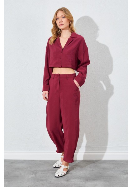 Kadın Bordo Paça Düğmeli Modal Kumaş Pantolon modelleri