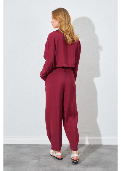 Kadın Bordo Paça Düğmeli Modal Kumaş Pantolon indirimleri